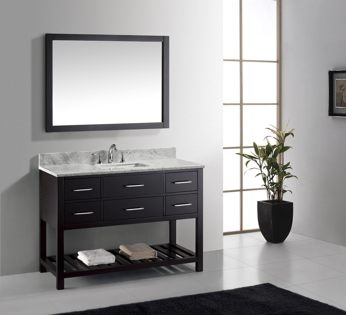 Virtu USA Caroline Estate 48" Single Bath Vanity with White Marble Top and Square Sink with Brushed Nickel Faucet with Matching Mirrors