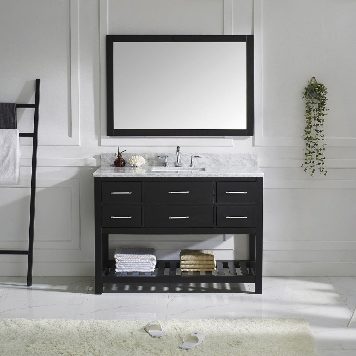 Virtu USA Caroline Estate 48" Single Bath Vanity in White with White Marble Top and Square Sink with Matching Mirrors