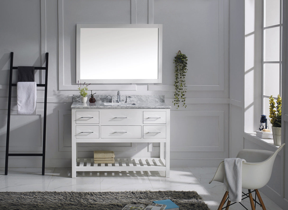 Virtu USA Caroline Estate 48" Single Bath Vanity with White Marble Top and Square Sink with Polished Chrome Faucet with Matching Mirrors