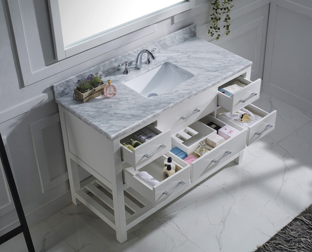 Virtu USA Caroline Estate 48" Single Bath Vanity with White Marble Top and Square Sink with Polished Chrome Faucet with Matching Mirrors