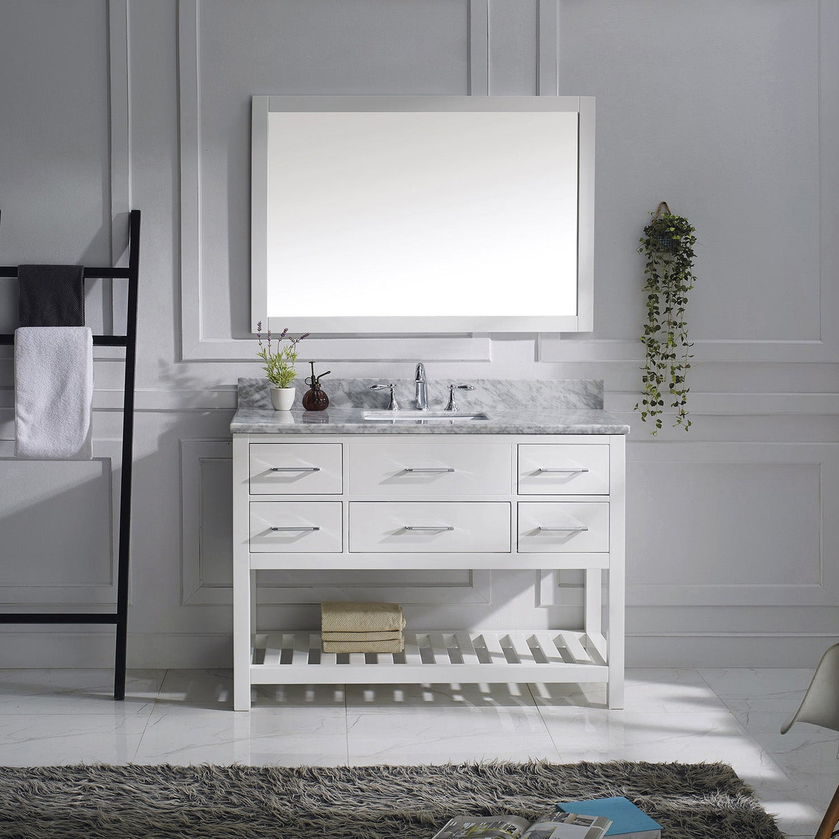Virtu USA Caroline Estate 48" Single Bath Vanity in White with White Marble Top and Square Sink with Matching Mirrors