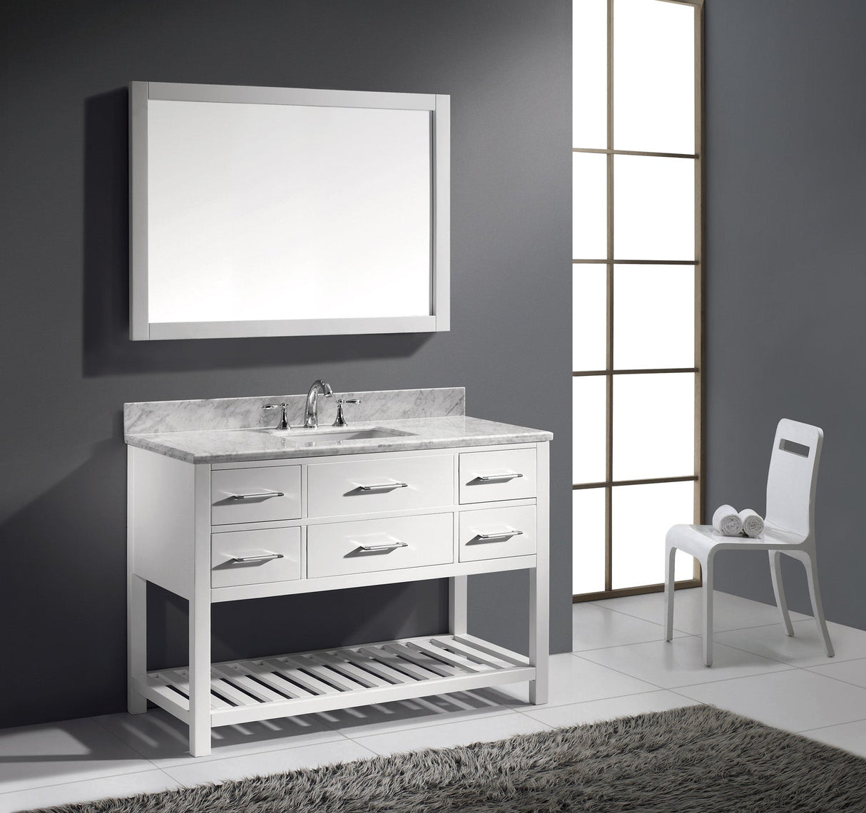 Virtu USA Caroline Estate 48" Single Bath Vanity in White with White Marble Top and Square Sink with Matching Mirrors