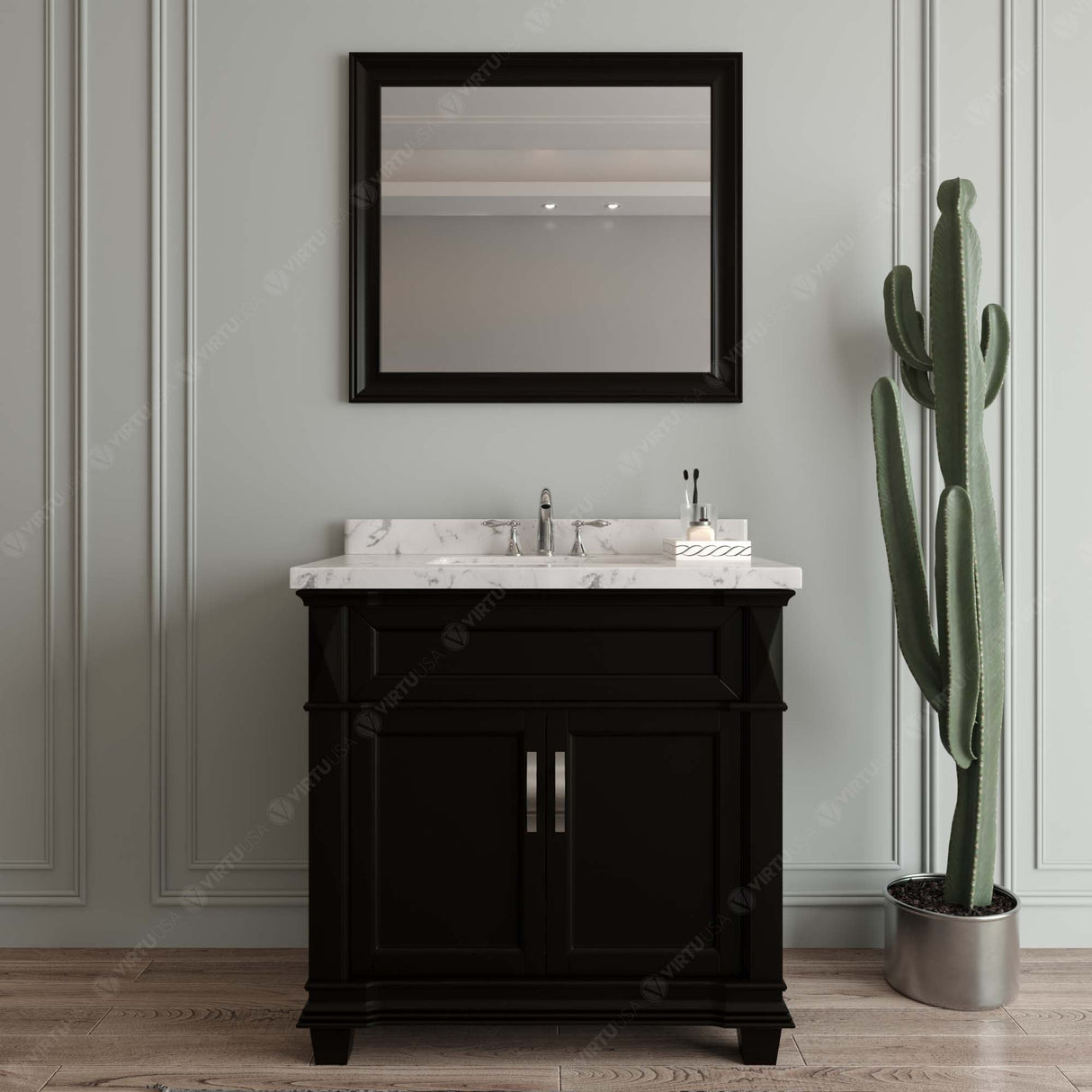 Virtu USA Victoria 36" Single Bath Vanity with White Quartz Top and Round Sink with Matching Mirror