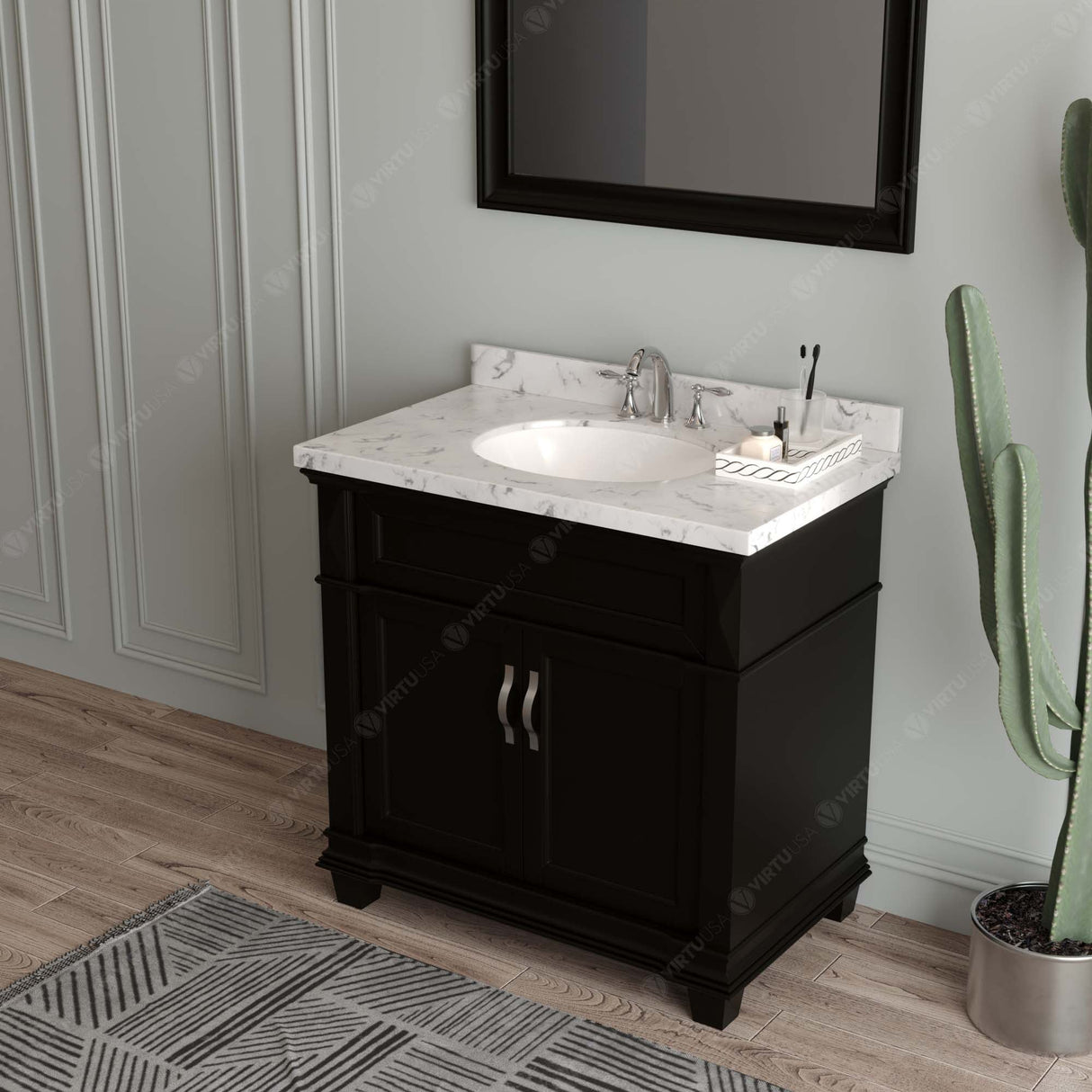 Virtu USA Victoria 36" Single Bath Vanity with White Quartz Top and Round Sink with Matching Mirror