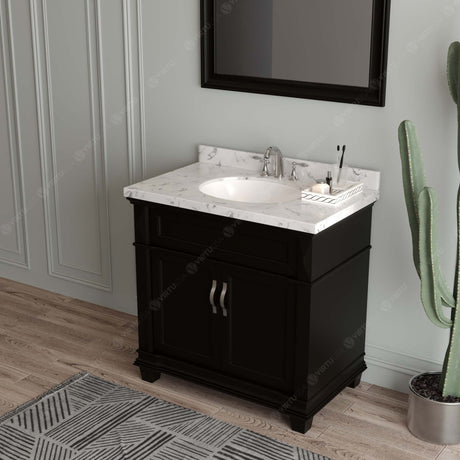 Virtu USA Victoria 36" Single Bath Vanity with White Quartz Top and Round Sink with Brushed Nickel Faucet with Matching Mirror