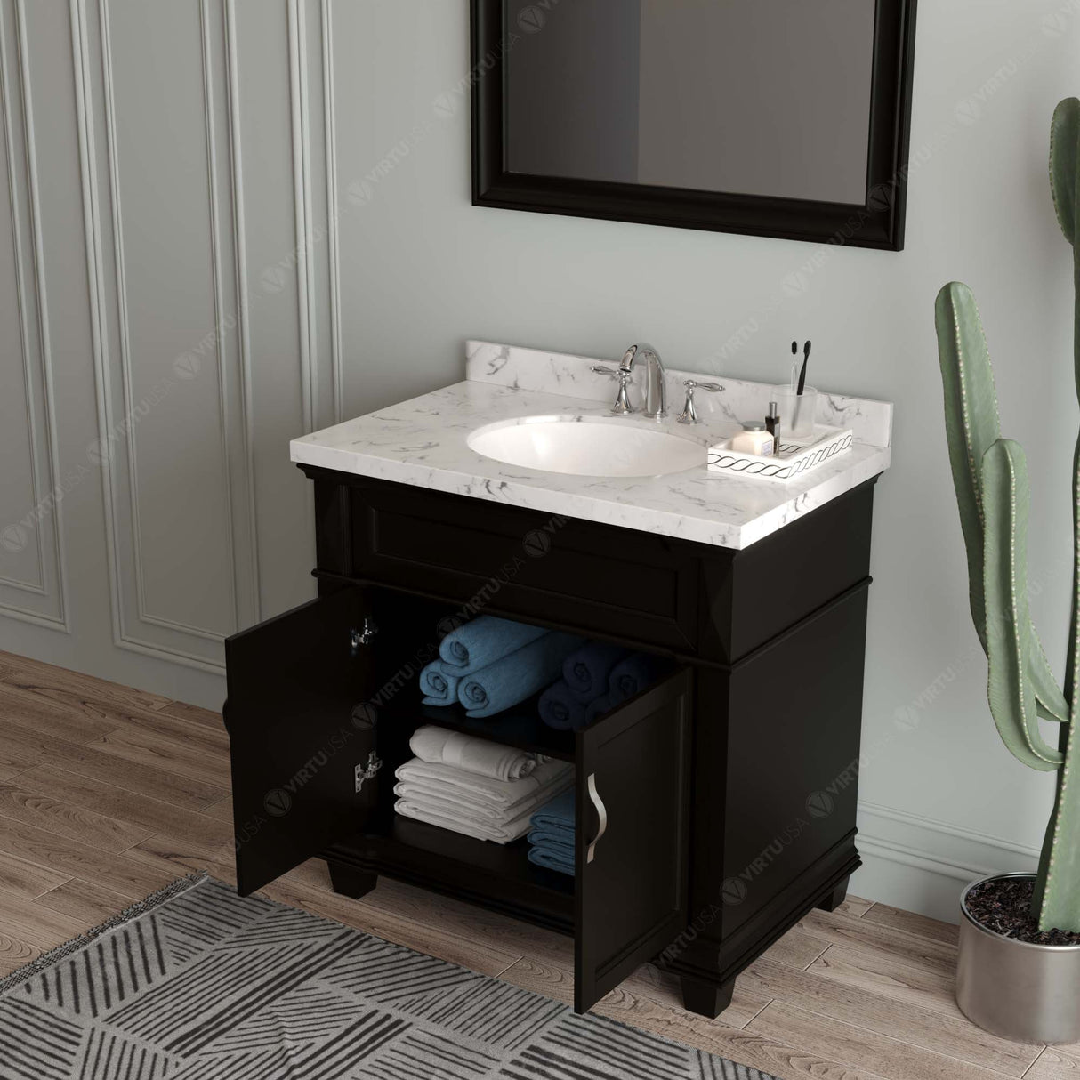 Virtu USA Victoria 36" Single Bath Vanity with White Quartz Top and Round Sink with Matching Mirror