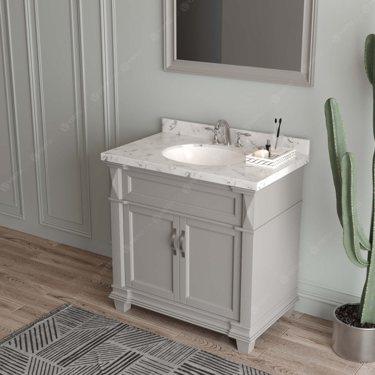 Virtu USA Victoria 36" Single Bath Vanity with White Quartz Top and Round Sink with Matching Mirror