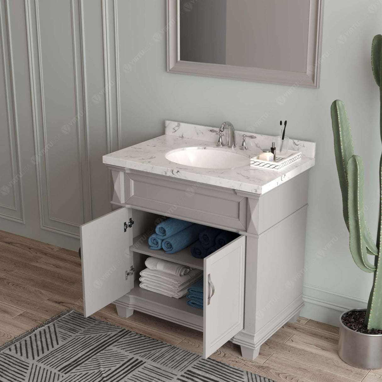 Virtu USA Victoria 36" Single Bath Vanity with White Quartz Top and Round Sink with Polished Chrome Faucet with Matching Mirror