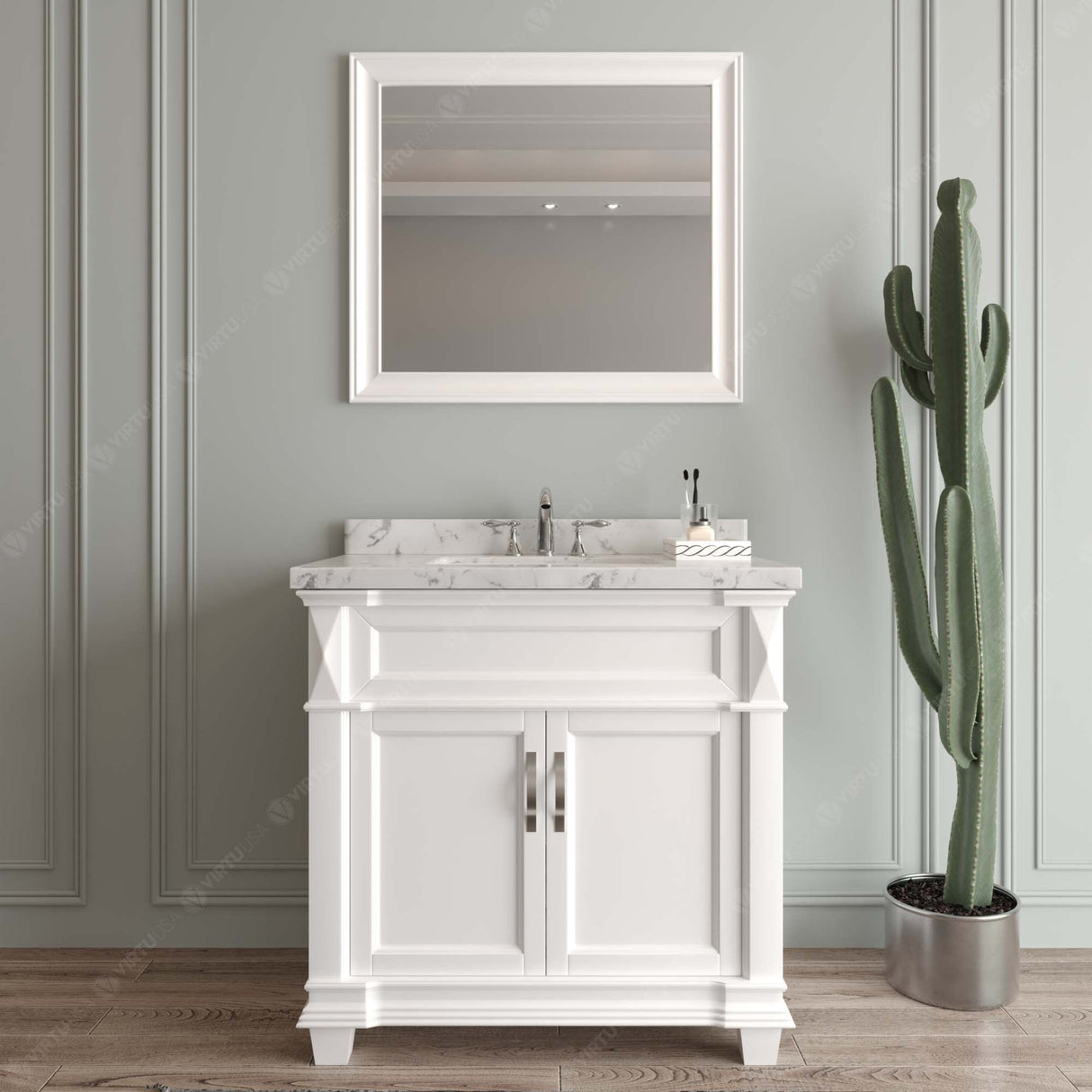 Virtu USA Victoria 36" Single Bath Vanity with White Quartz Top and Round Sink with Matching Mirror