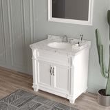 Virtu USA Victoria 36" Single Bath Vanity with White Quartz Top and Round Sink with Matching Mirror