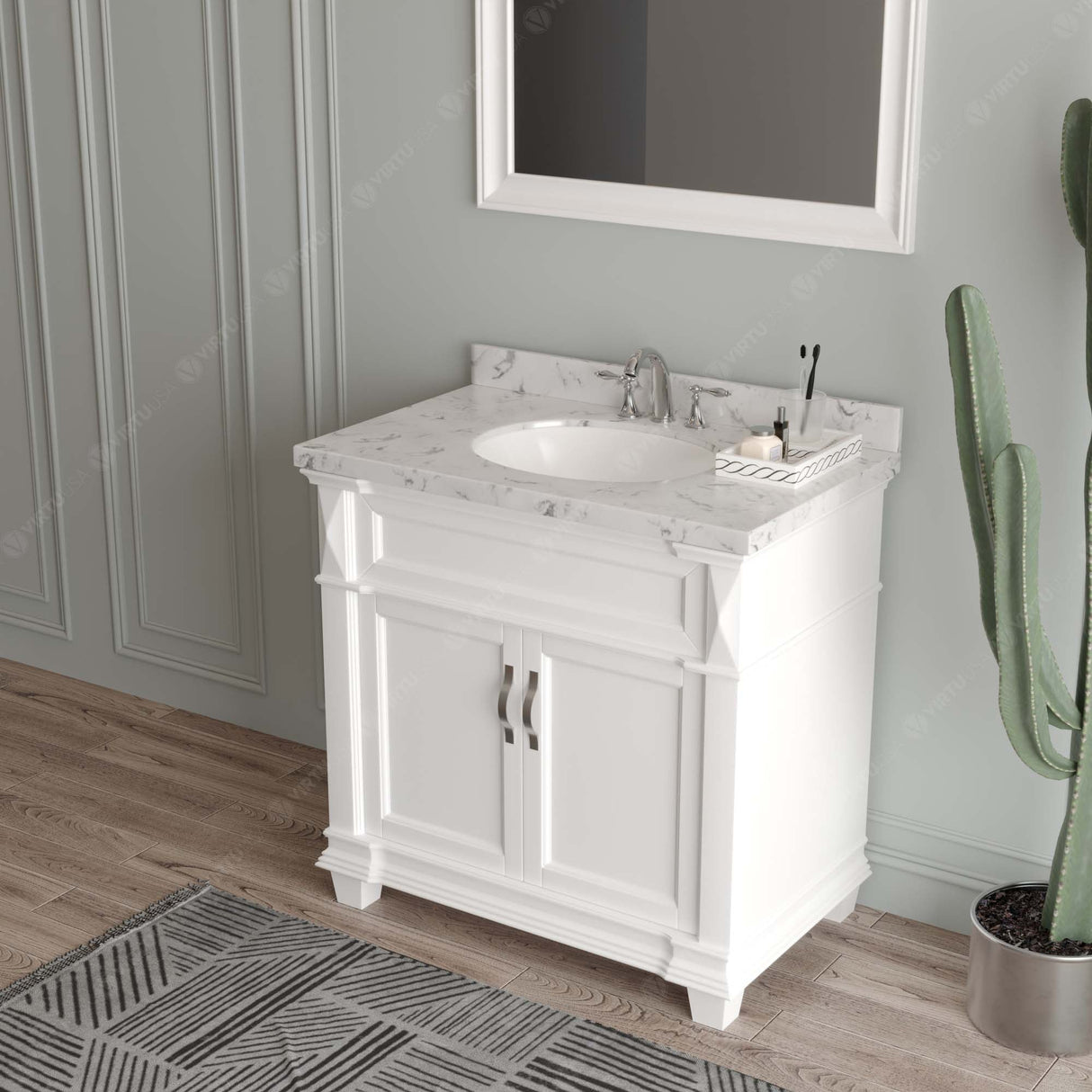 Virtu USA Victoria 36" Single Bath Vanity with White Quartz Top and Round Sink with Polished Chrome Faucet with Matching Mirror