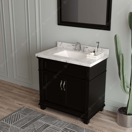 Virtu USA Victoria 36" Single Bath Vanity with White Quartz Top and Square Sink with Polished Chrome Faucet with Matching Mirror