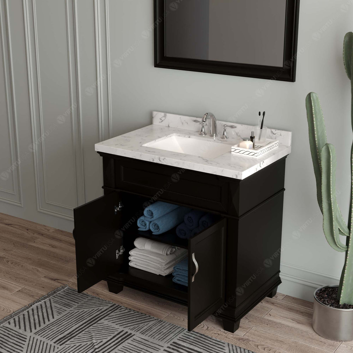 Virtu USA Victoria 36" Single Bath Vanity with White Quartz Top and Square Sink with Brushed Nickel Faucet with Matching Mirror