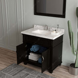 Virtu USA Victoria 36" Single Bath Vanity with White Quartz Top and Square Sink with Polished Chrome Faucet with Matching Mirror