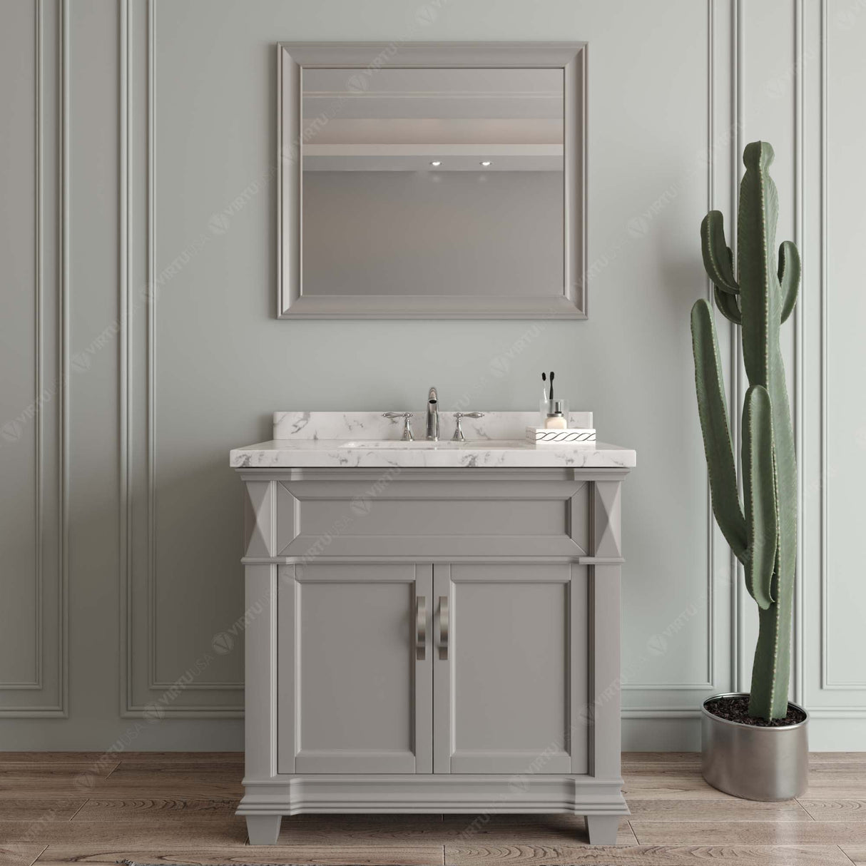 Virtu USA Victoria 36" Single Bath Vanity with White Quartz Top and Square Sink with Matching Mirror