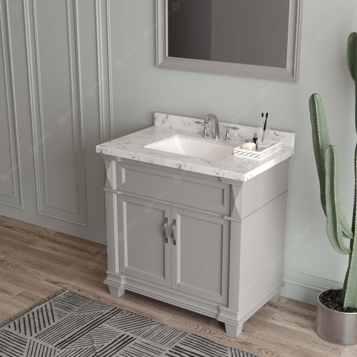 Virtu USA Victoria 36" Single Bath Vanity with White Quartz Top and Square Sink with Polished Chrome Faucet with Matching Mirror