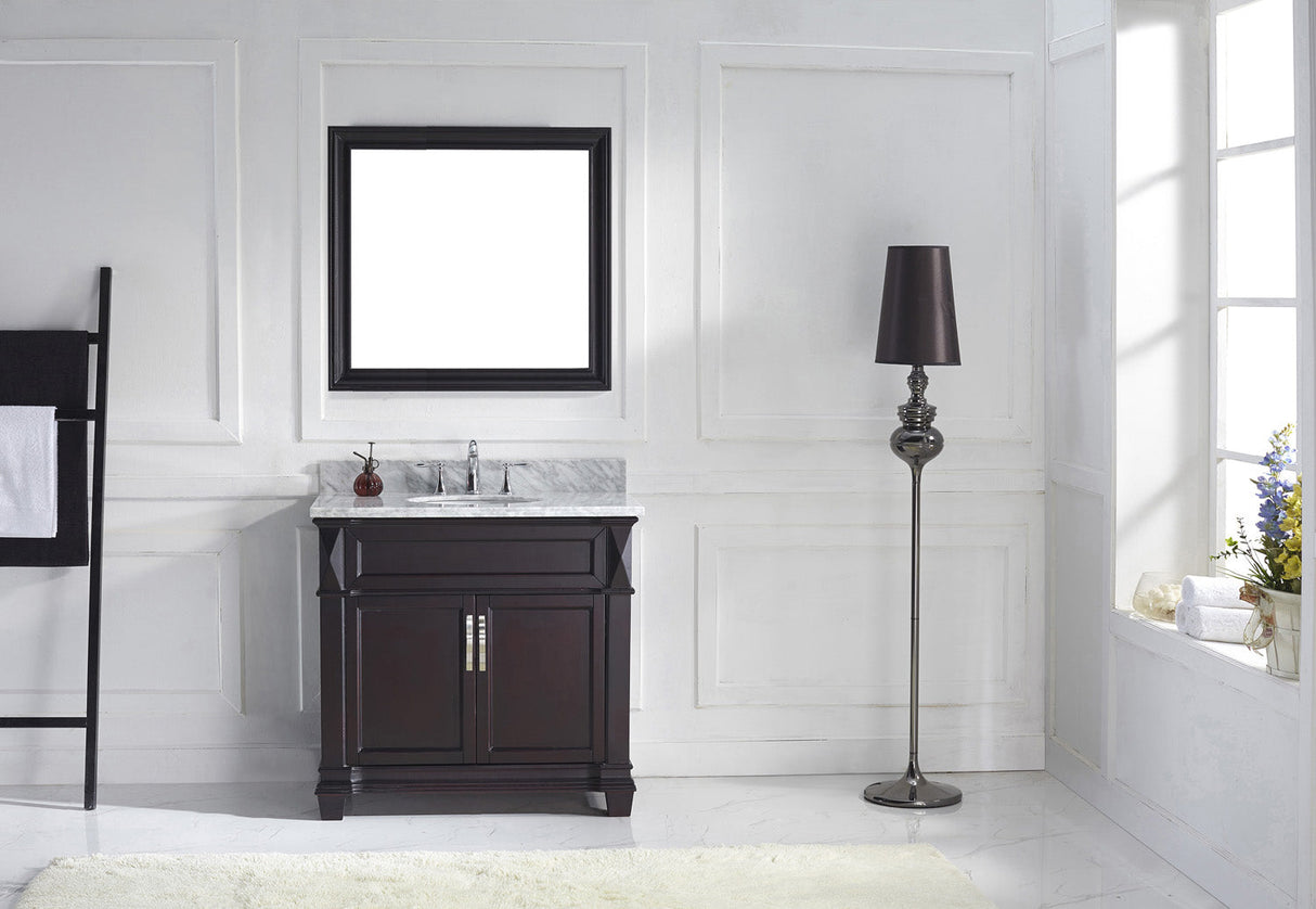 Virtu USA Victoria 36" Single Bath Vanity with White Marble Top and Round Sink with Matching Mirror