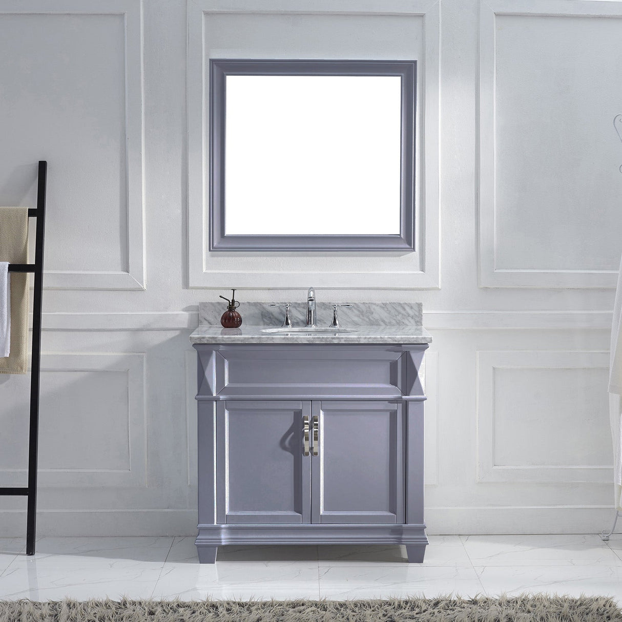 Virtu USA Victoria 36" Single Bath Vanity with White Marble Top and Round Sink with Polished Chrome Faucet with Matching Mirror