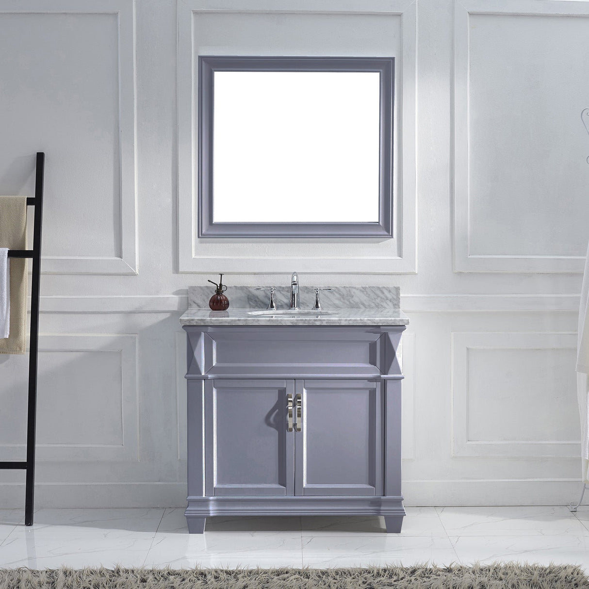 Virtu USA Victoria 36" Single Bath Vanity with White Marble Top and Round Sink with Matching Mirror