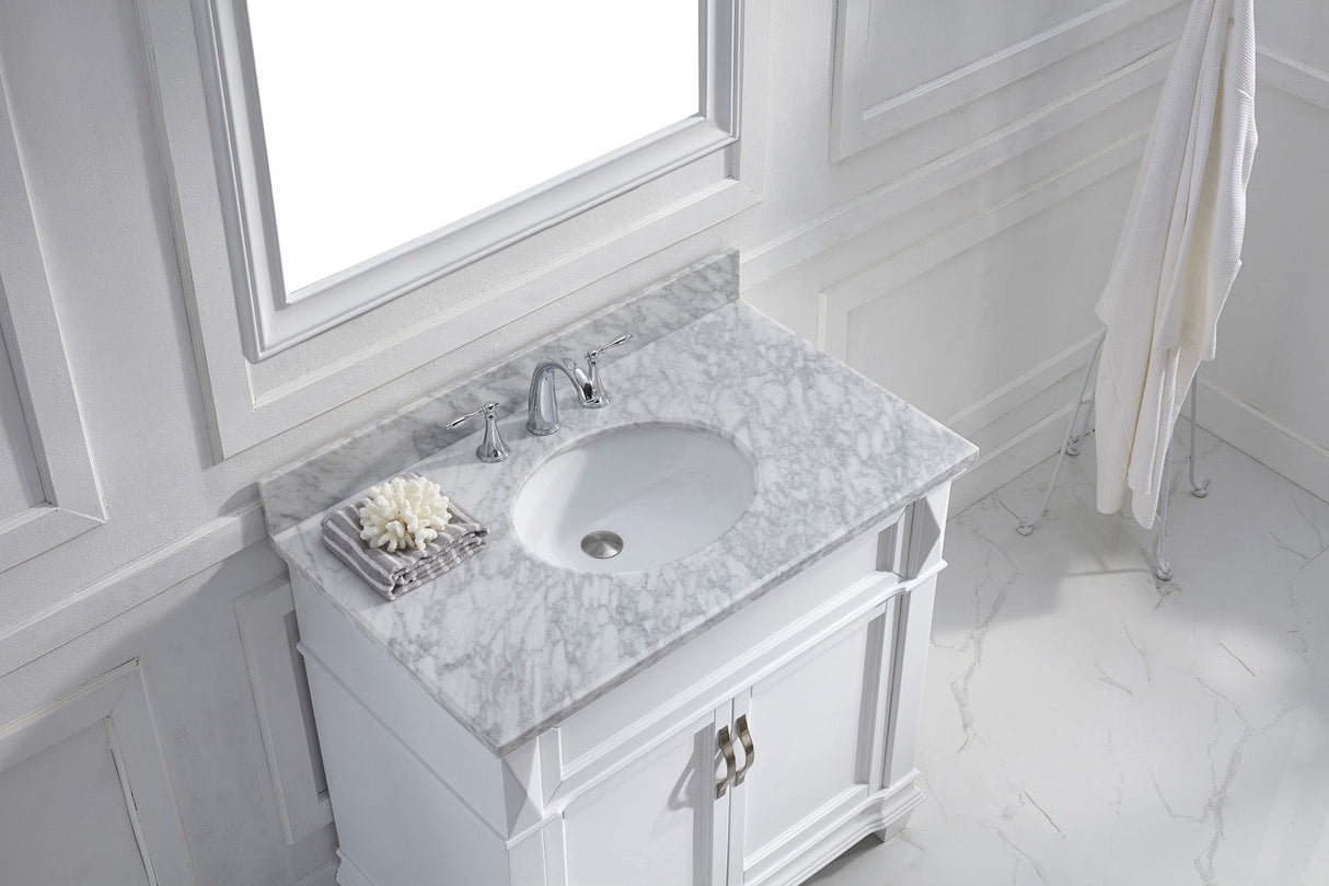 Virtu USA Victoria 36" Single Bath Vanity with White Marble Top and Round Sink with Brushed Nickel Faucet with Matching Mirror