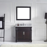 Virtu USA Victoria 36" Single Bath Vanity with White Marble Top and Square Sink with Polished Chrome Faucet with Matching Mirror