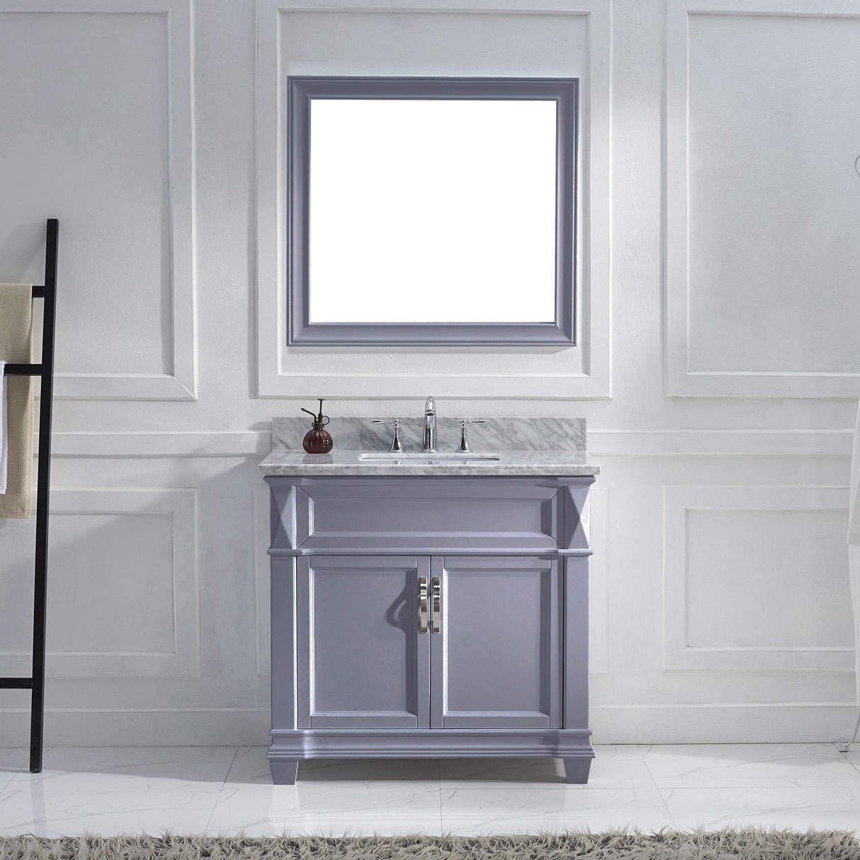 Virtu USA Victoria 36" Single Bath Vanity with White Marble Top and Square Sink with Polished Chrome Faucet with Matching Mirror