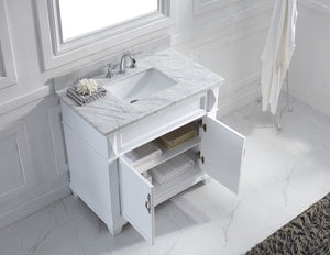 Virtu USA Victoria 36" Single Bath Vanity with White Marble Top and Square Sink with Brushed Nickel Faucet with Matching Mirror