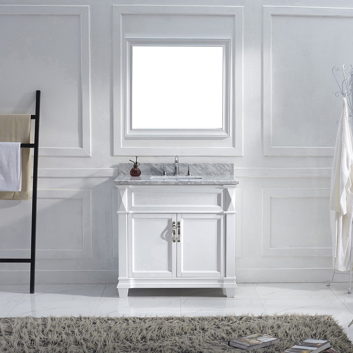 Virtu USA Victoria 36" Single Bath Vanity with White Marble Top and Square Sink with Polished Chrome Faucet with Matching Mirror