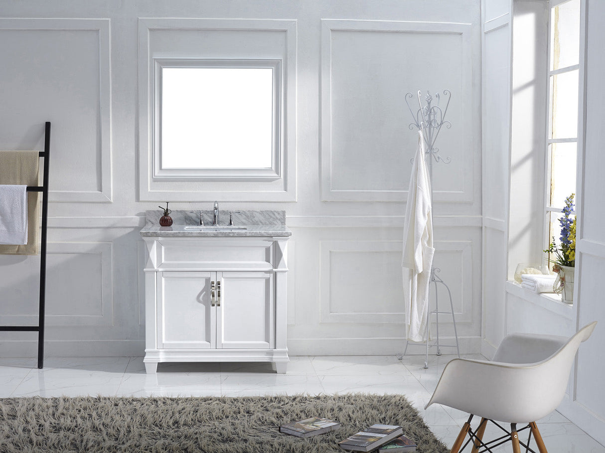 Virtu USA Victoria 36" Single Bath Vanity with White Marble Top and Square Sink with Polished Chrome Faucet with Matching Mirror