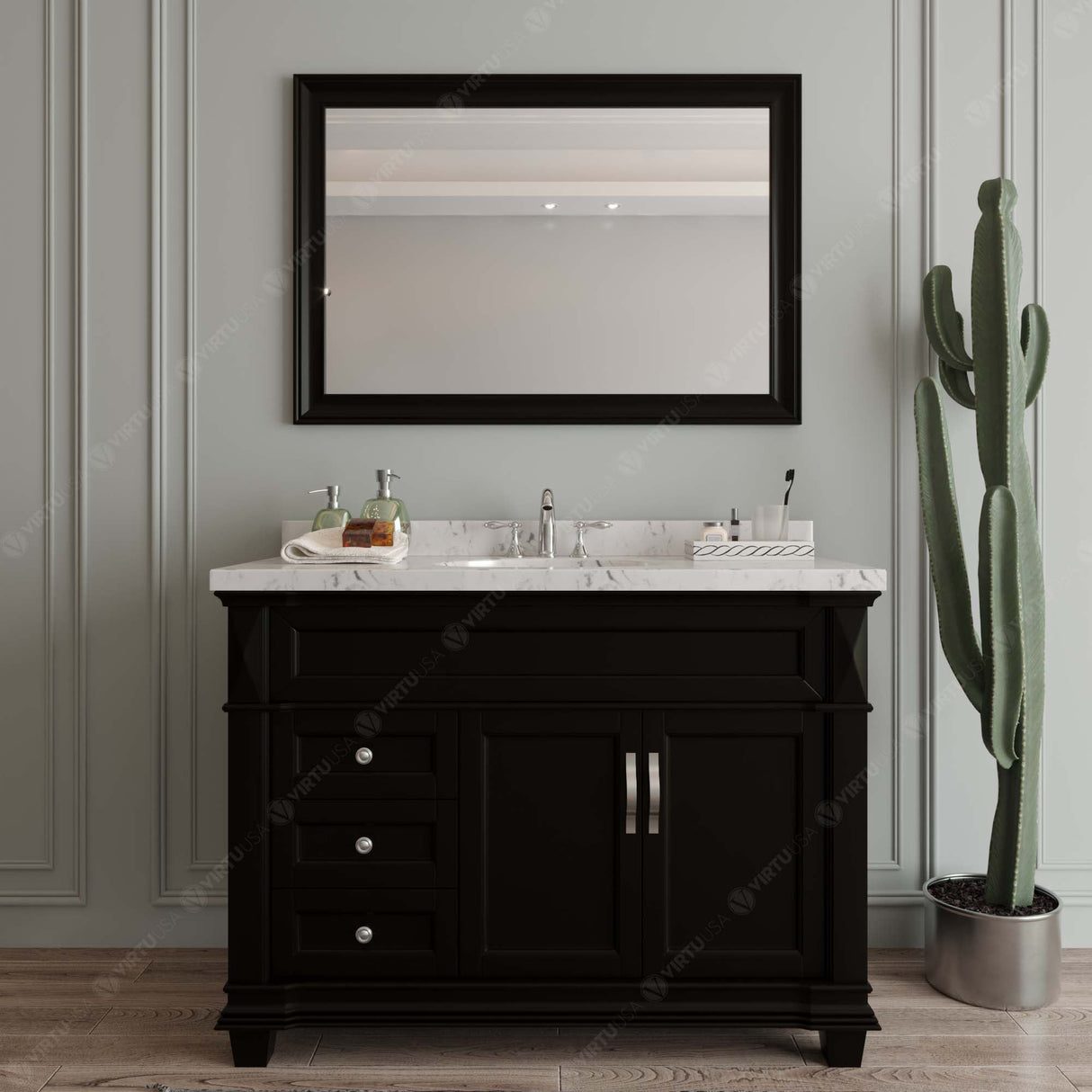 Virtu USA Victoria 48" Single Bath Vanity with White Quartz Top and Round Sink with Matching Mirror