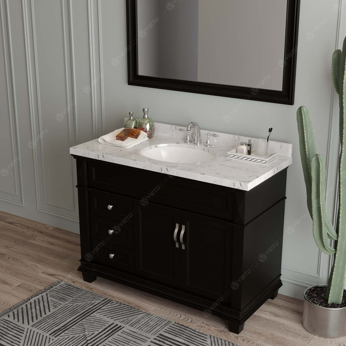 Virtu USA Victoria 48" Single Bath Vanity with White Quartz Top and Round Sink with Matching Mirror