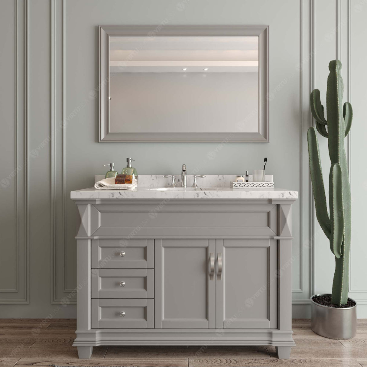 Virtu USA Victoria 48" Single Bath Vanity with White Quartz Top and Round Sink with Matching Mirror