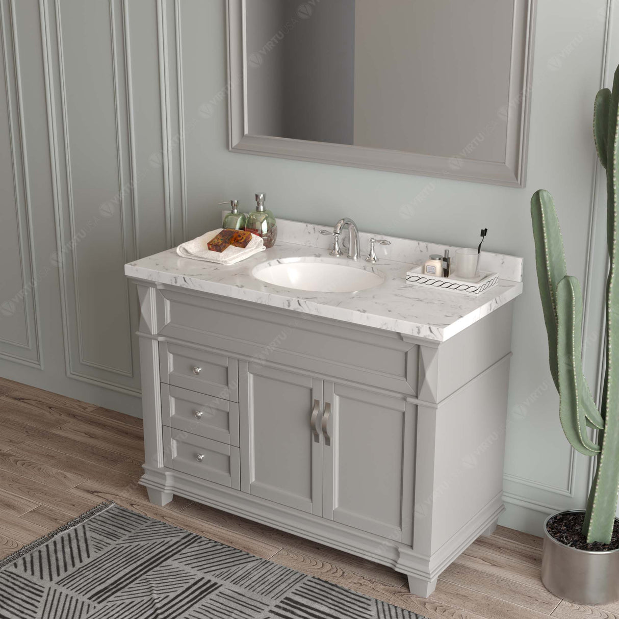 Virtu USA Victoria 48" Single Bath Vanity with White Quartz Top and Round Sink with Matching Mirror