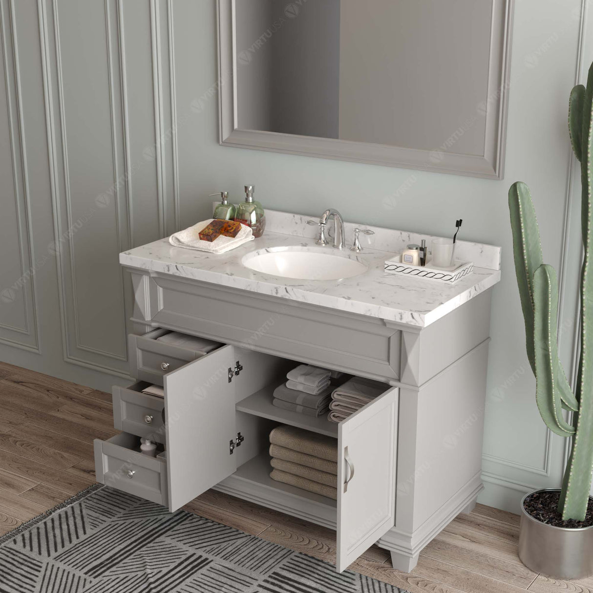 Virtu USA Victoria 48" Single Bath Vanity with White Quartz Top and Round Sink with Matching Mirror