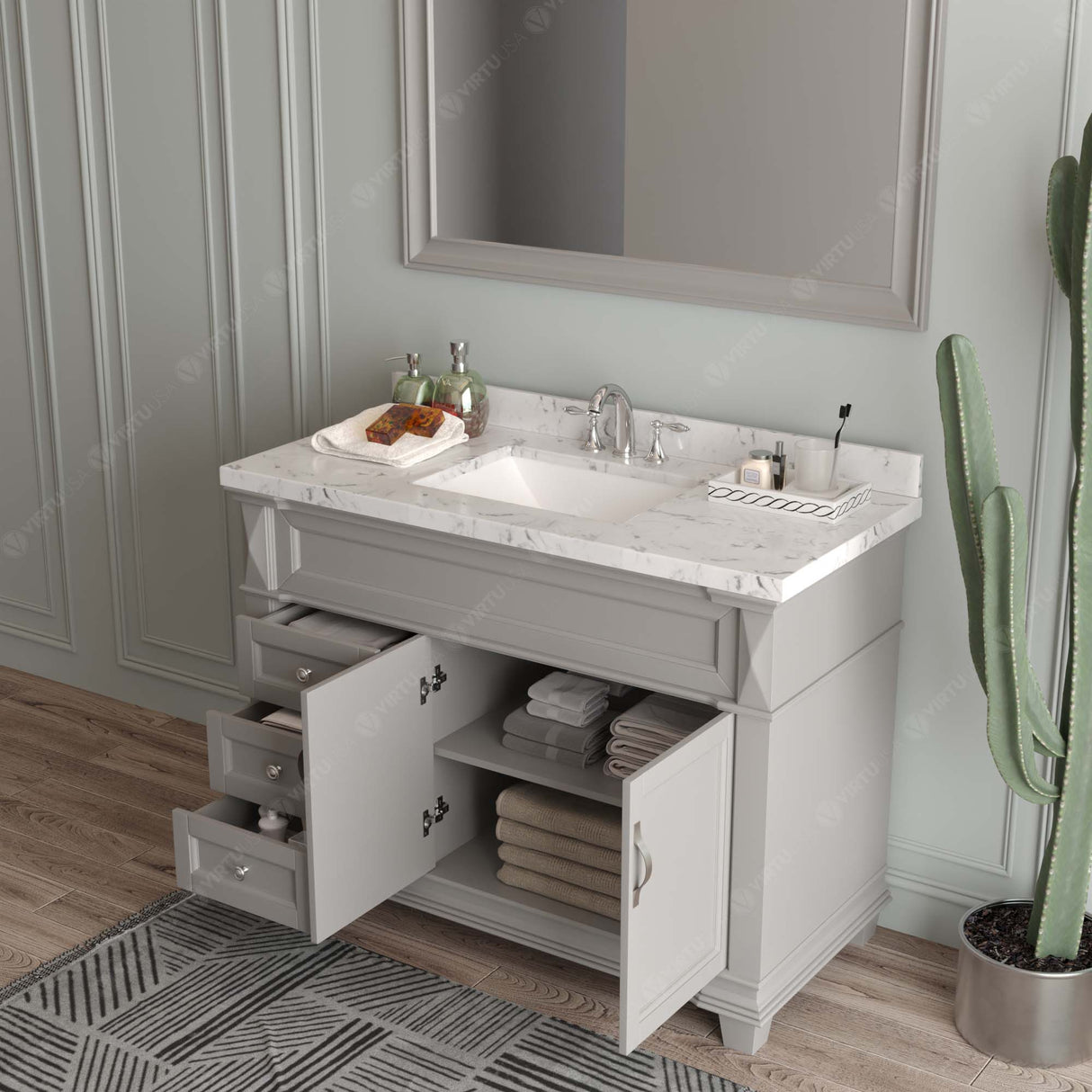 Virtu USA Victoria 48" Single Bath Vanity with White Quartz Top and Square Sink with Polished Chrome Faucet with Matching Mirror