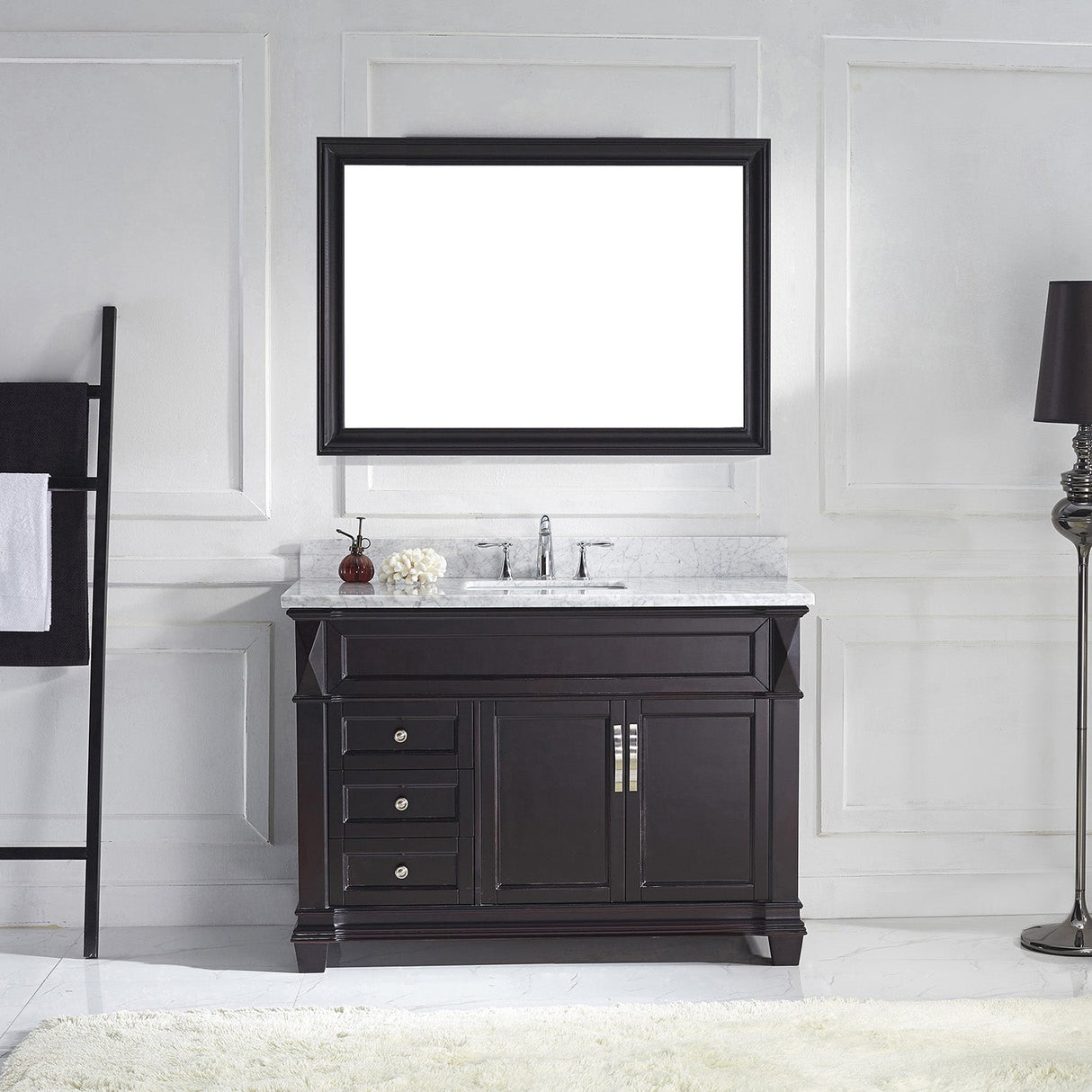 Virtu USA Victoria 48" Single Bath Vanity with White Marble Top and Round Sink with Brushed Nickel Faucet with Matching Mirror