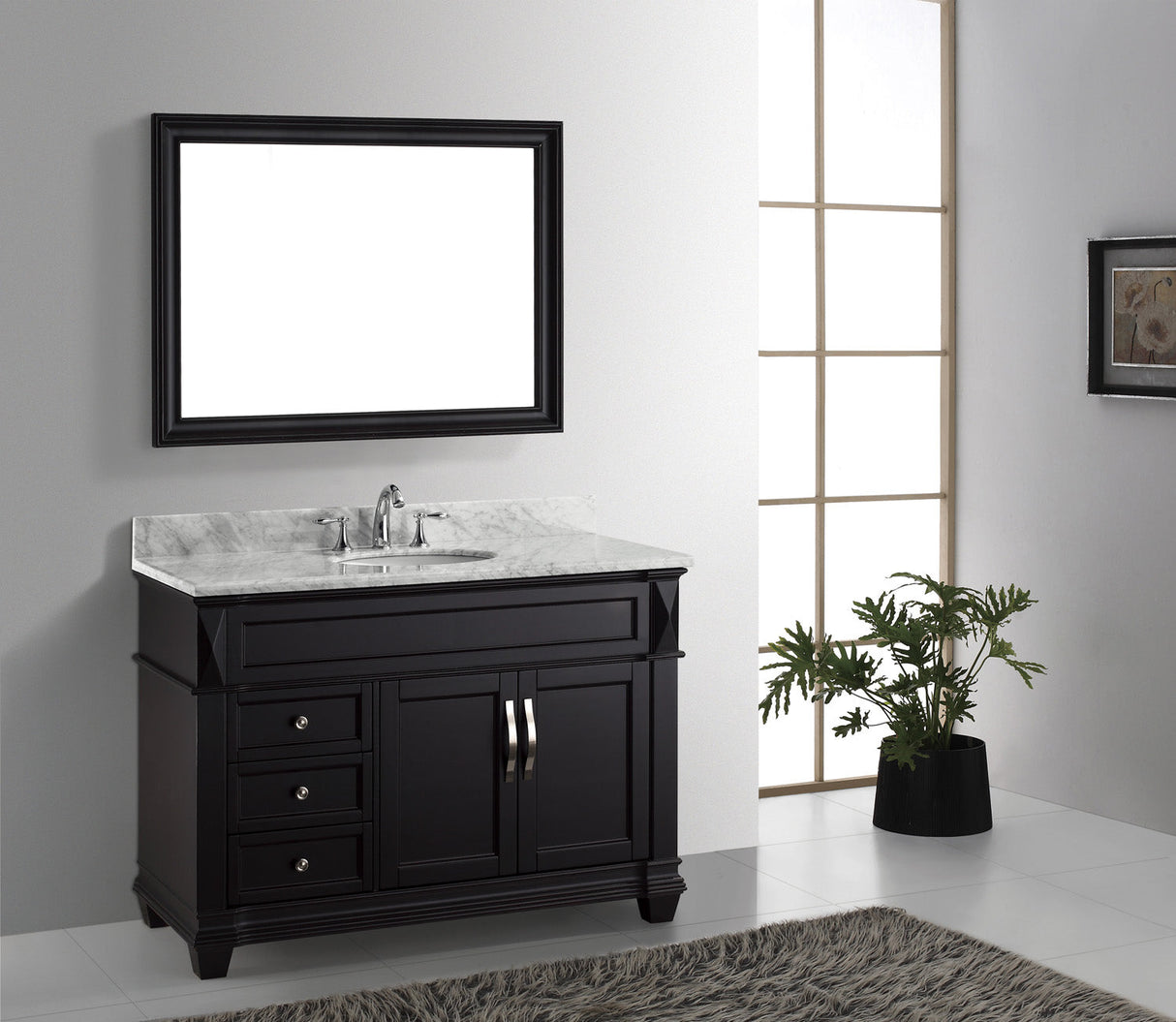 Virtu USA Victoria 48" Single Bath Vanity with White Marble Top and Round Sink with Brushed Nickel Faucet with Matching Mirror