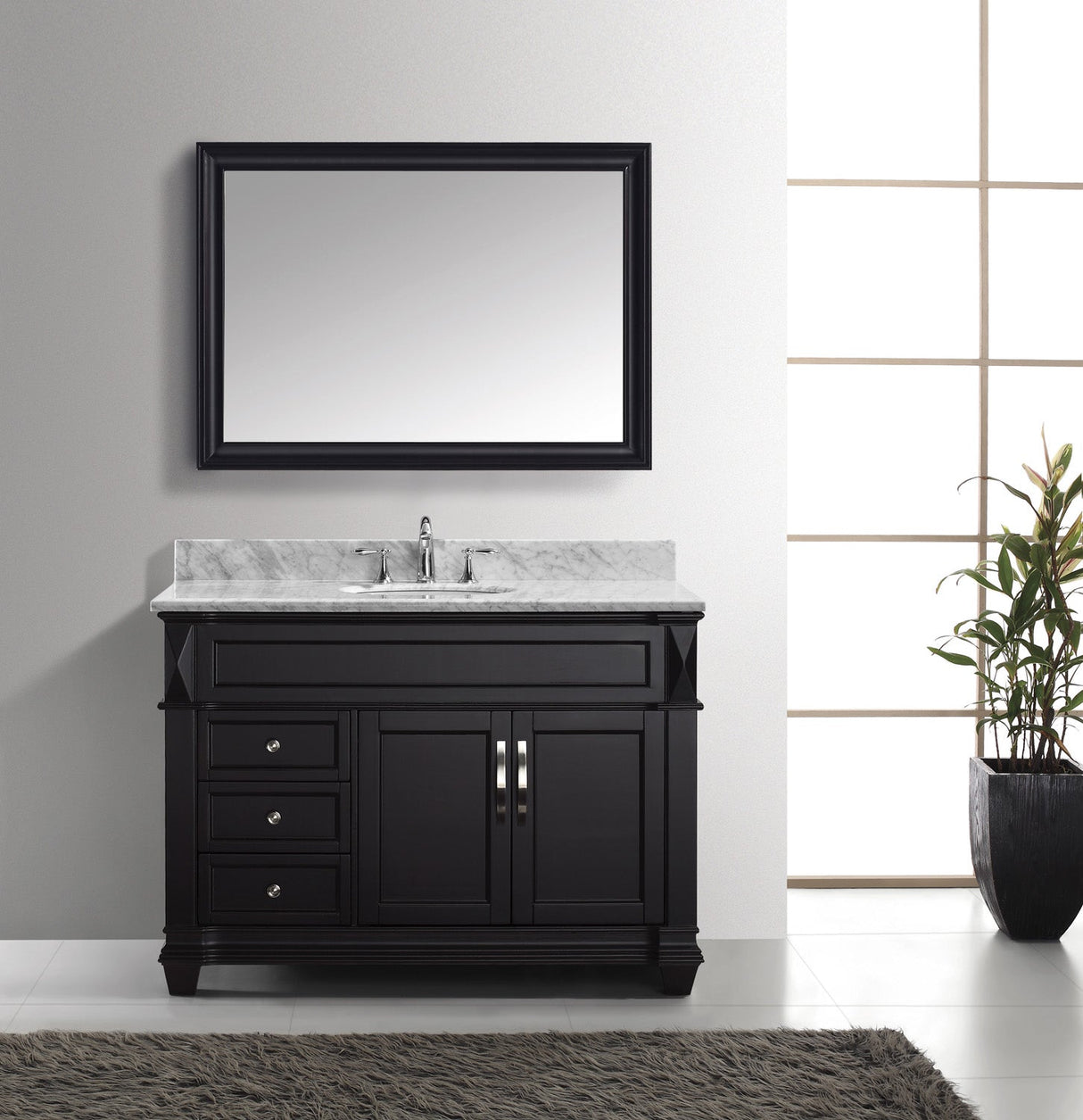 Virtu USA Victoria 48" Single Bath Vanity with White Marble Top and Round Sink with Brushed Nickel Faucet with Matching Mirror