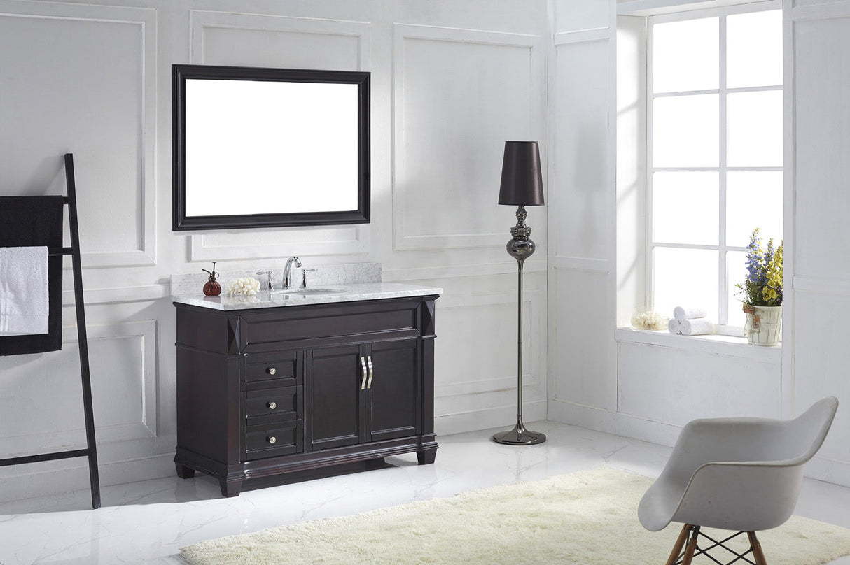 Virtu USA Victoria 48" Single Bath Vanity with White Marble Top and Round Sink with Polished Chrome Faucet with Matching Mirror