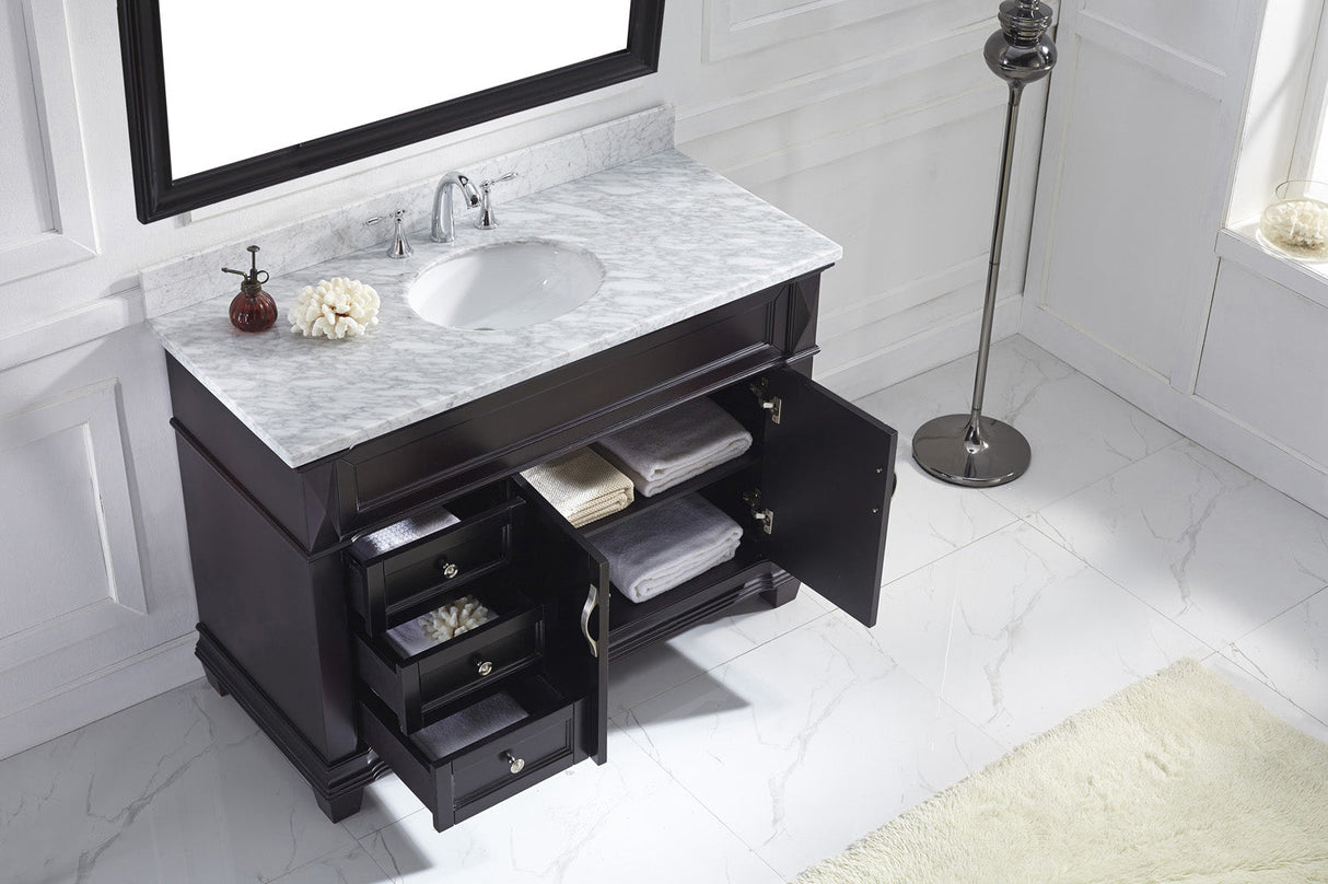 Virtu USA Victoria 48" Single Bath Vanity with White Marble Top and Round Sink with Polished Chrome Faucet with Matching Mirror