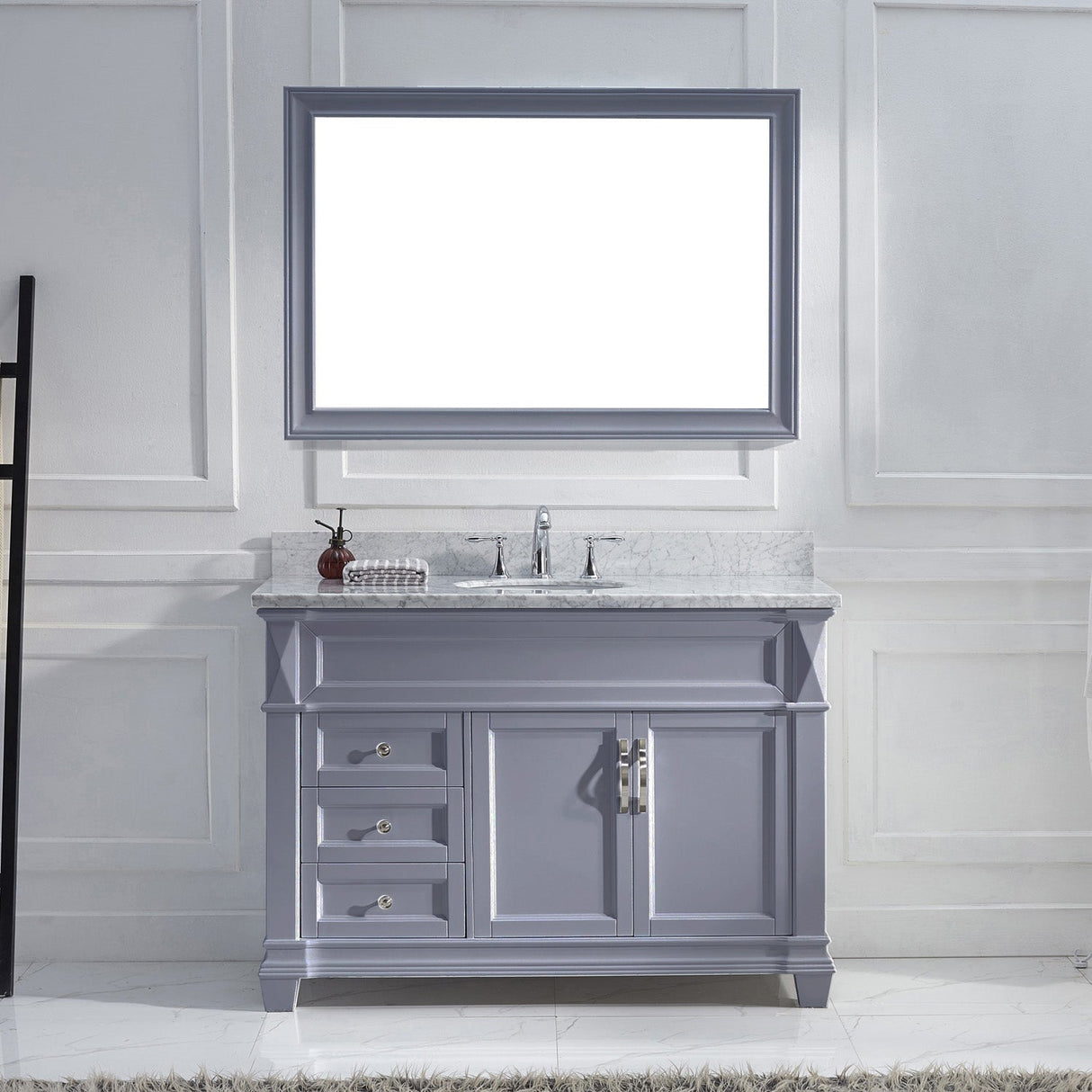 Virtu USA Victoria 48" Single Bath Vanity with White Marble Top and Round Sink with Brushed Nickel Faucet with Matching Mirror