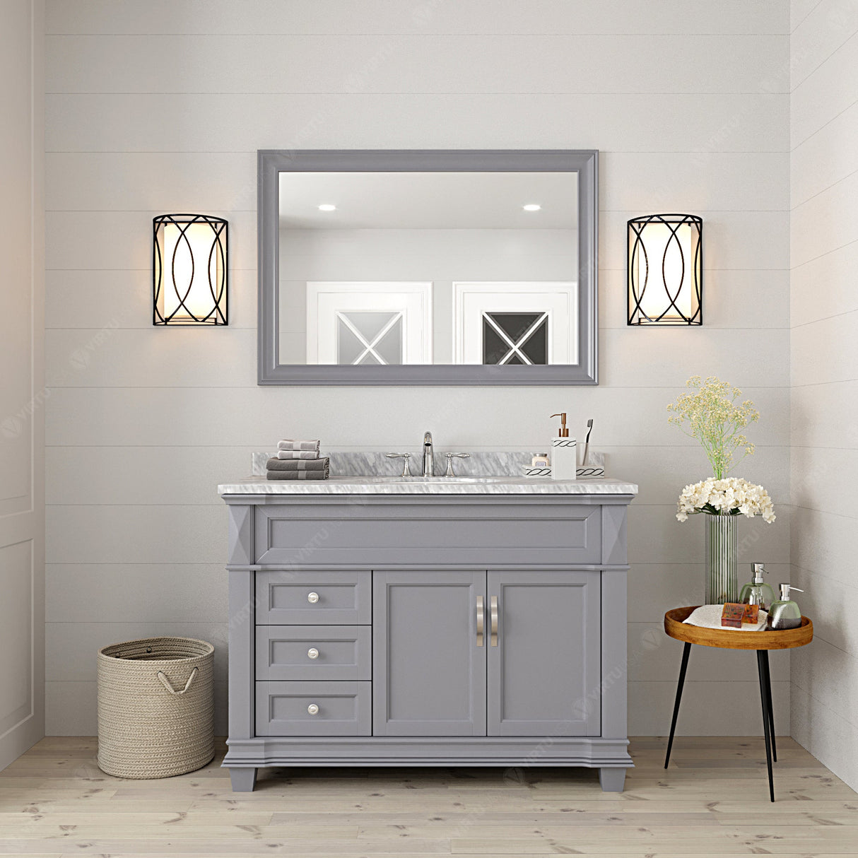 Virtu USA Victoria 48" Single Bath Vanity with White Marble Top and Round Sink with Polished Chrome Faucet with Matching Mirror