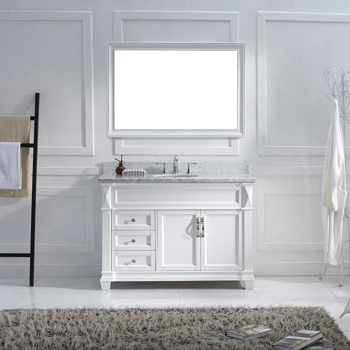 Virtu USA Victoria 48" Single Bath Vanity with White Marble Top and Round Sink with Brushed Nickel Faucet with Matching Mirror