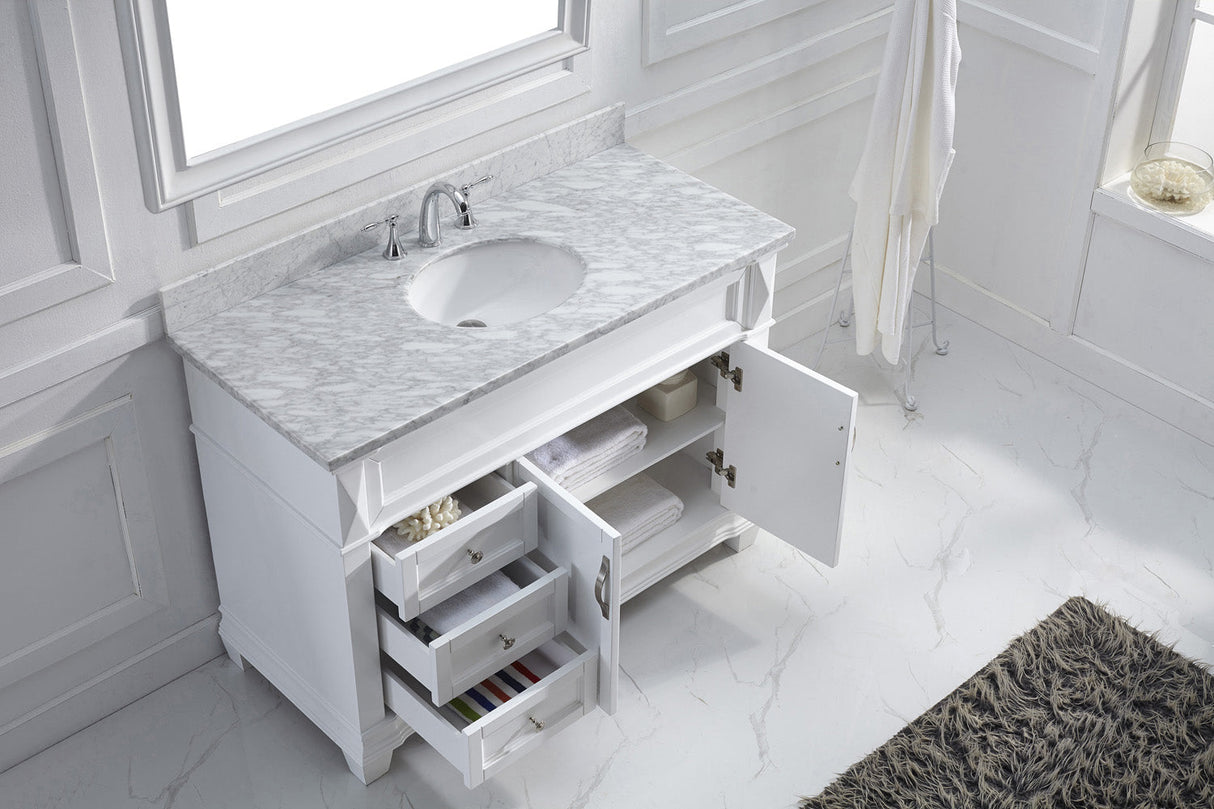 Virtu USA Victoria 48" Single Bath Vanity with White Marble Top and Round Sink with Polished Chrome Faucet with Matching Mirror