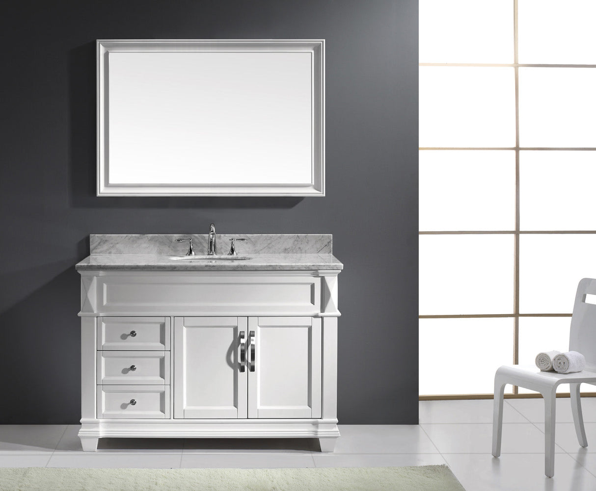 Virtu USA Victoria 48" Single Bath Vanity with White Marble Top and Round Sink with Polished Chrome Faucet with Matching Mirror