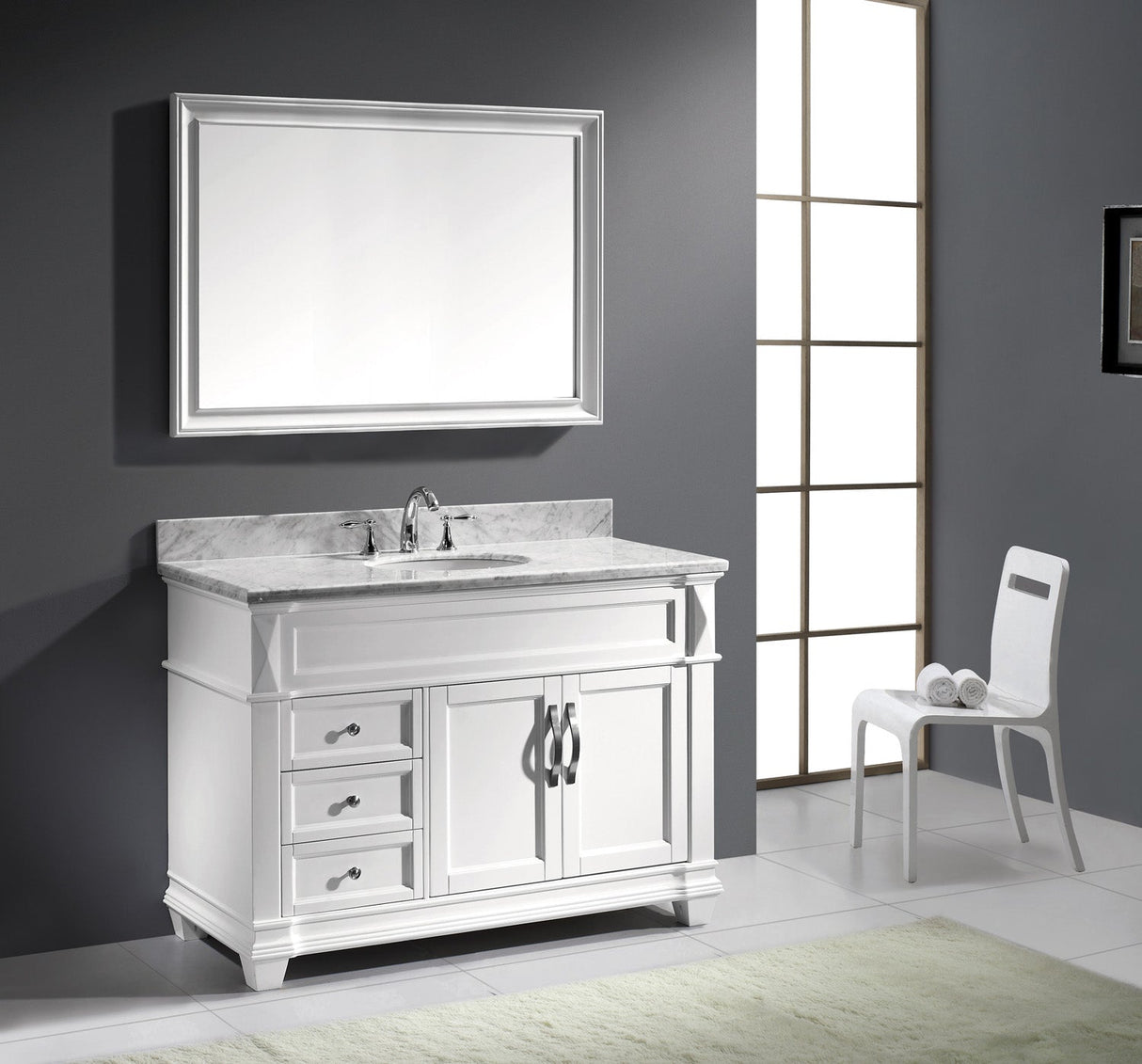 Virtu USA Victoria 48" Single Bath Vanity with White Marble Top and Round Sink with Polished Chrome Faucet with Matching Mirror