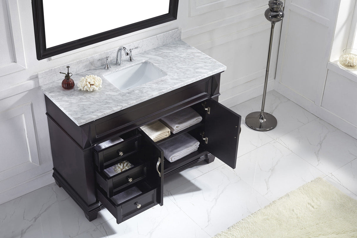 Virtu USA Victoria 48" Single Bath Vanity with White Marble Top and Square Sink with Brushed Nickel Faucet with Matching Mirror