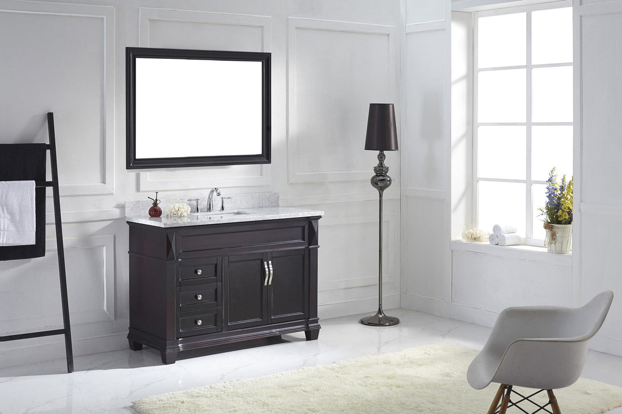 Virtu USA Victoria 48" Single Bath Vanity with White Marble Top and Square Sink with Polished Chrome Faucet with Matching Mirror