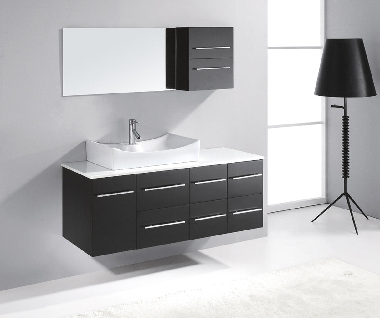 Virtu USA Ceanna 55" Single Bath Vanity with White Engineered Stone Top and Square Sink with Brushed Nickel Faucet with Matching Mirror