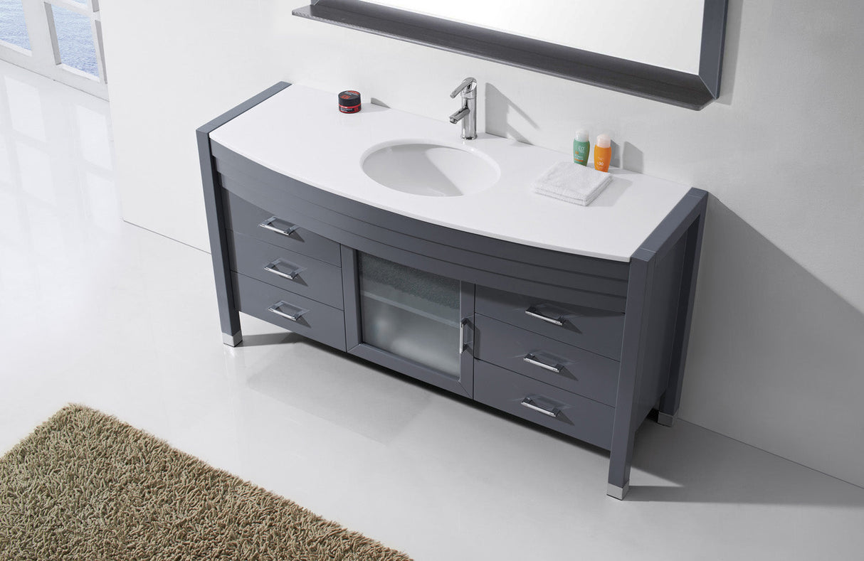 Virtu USA Ava 61" Single Bath Vanity with White Engineered Stone Top and Round Sink with Matching Mirror